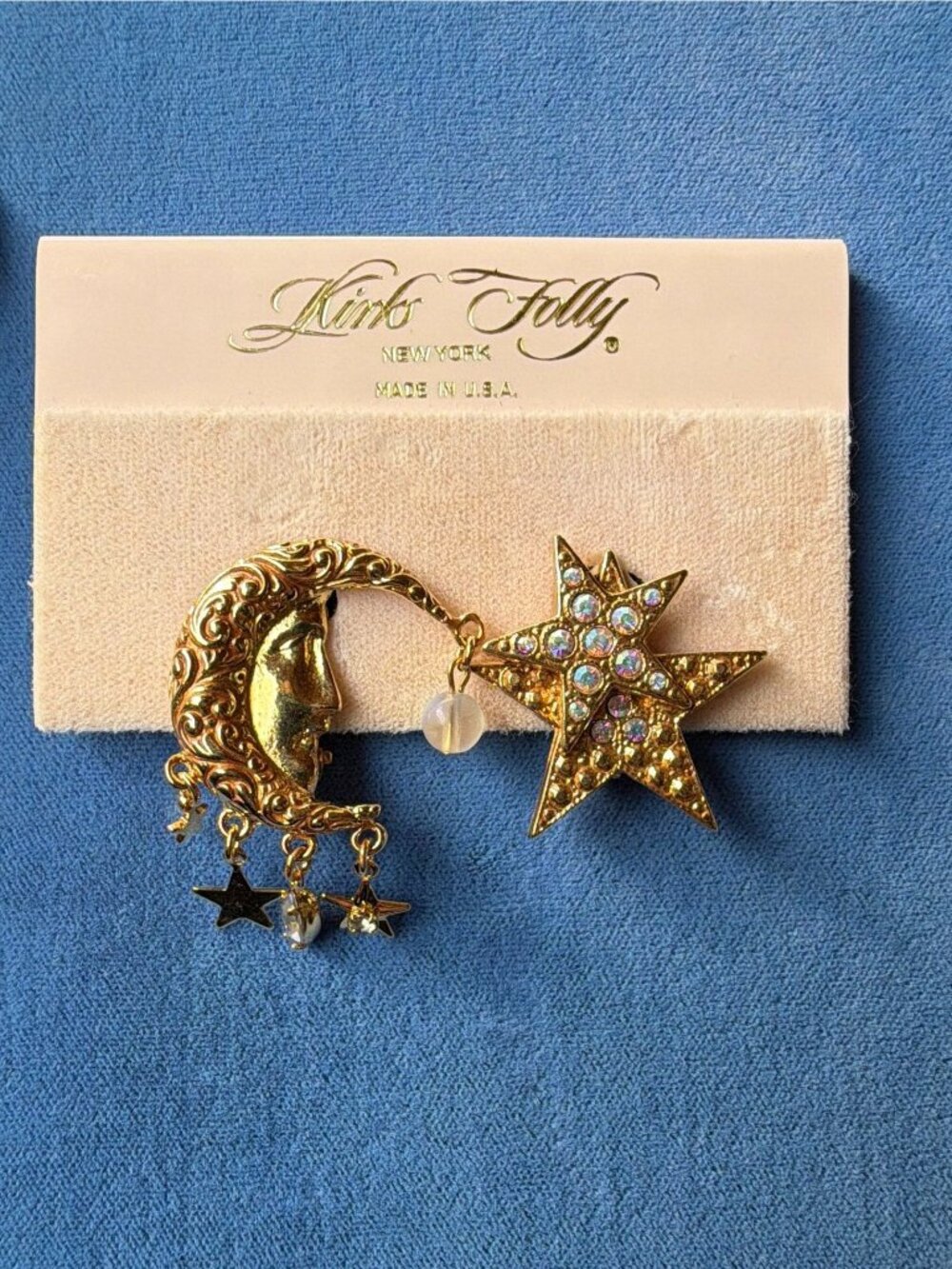 Vintage 1990s Kirks Folly Celestial Asymmetric Clip On Earrings Moon Star Gold